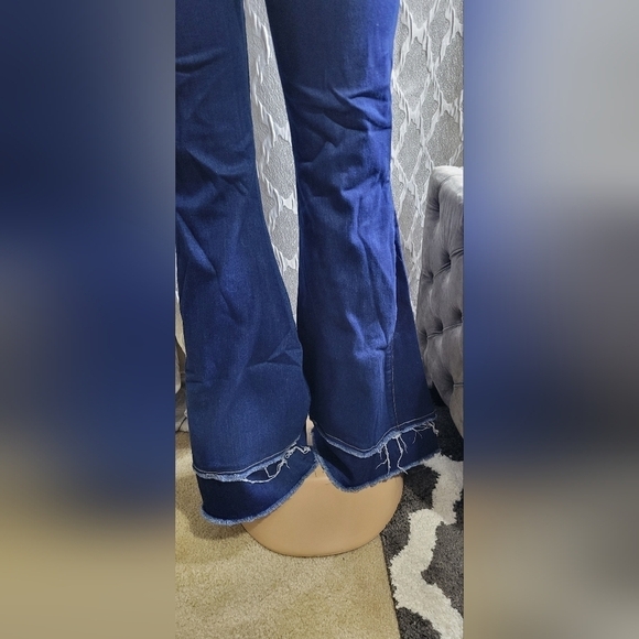 Dark Denim 2-Tier Raw Hem Bell Bottom Jeans - Picture 4 of 5